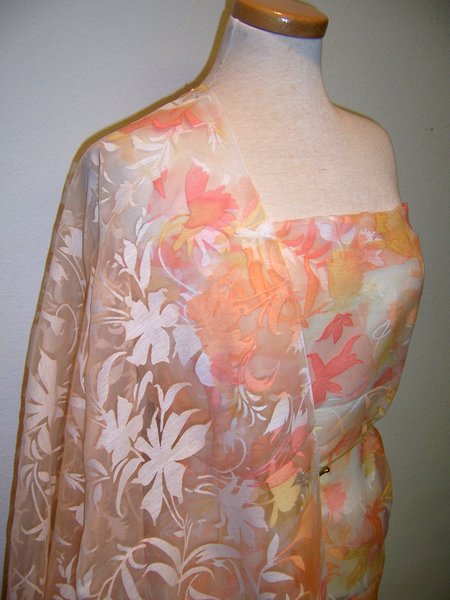 DESIGNER-FABRIC-DIVINE-PEACH-DEVORE-ORGANZA-HAND-PAINTED-IN-CORAL-SHADES-2YDS-1