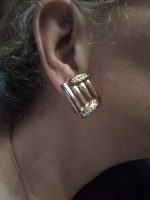 VINTAGE CLIP GOLDTONE BUTTON EARRINGS GOLDEN BARS W/ RHINESTONE ACCENT