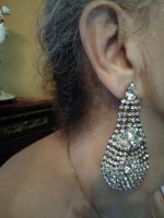 TEARDROP SHAPED RHINESTONE SILVER TONE DROP CLIP EARRINGS