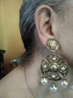 VINTAGE CLIP EARRINGS DULL GOLD MALTESE CROSS 3 PEARL DROPS