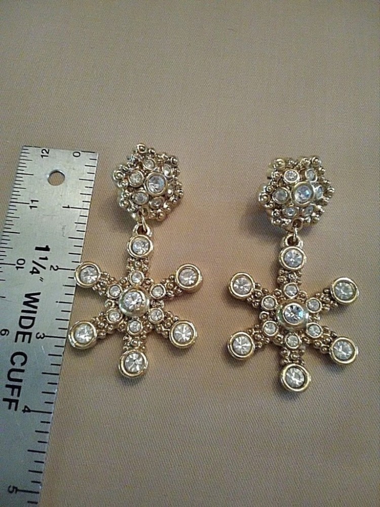 VINTAGE CLIP EARRINGS GOLD SNOWFLAKE RHINESTONES