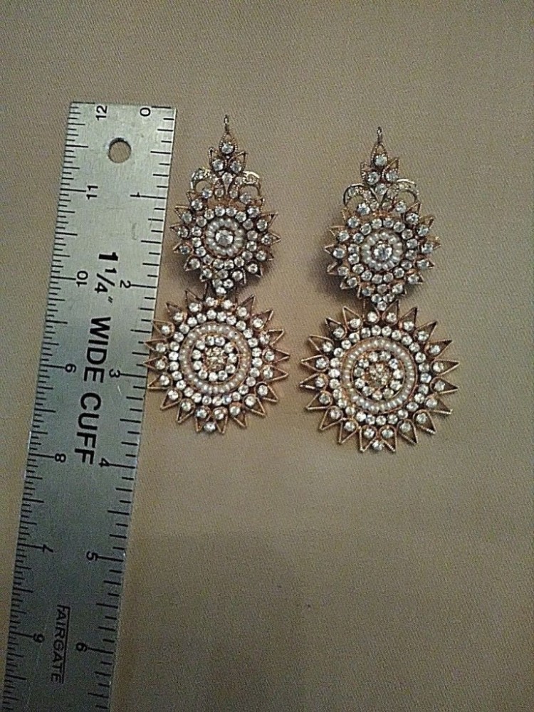 VINTAGE PIERCED HEAVY INDIAN GOLD PLATED EARRINGS STAR FLOWER R/S SEED PEARLS