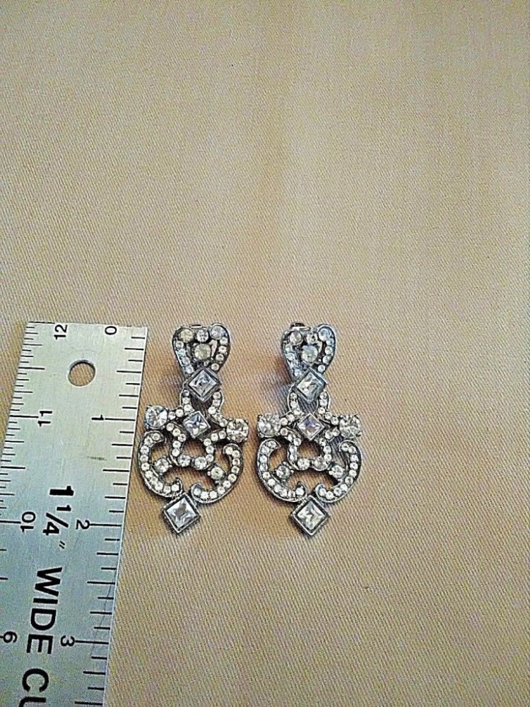 VINTAGE+ SILVERTONE CLIP EARRINGS DECO STYLE RHINETSONE ACCENTS