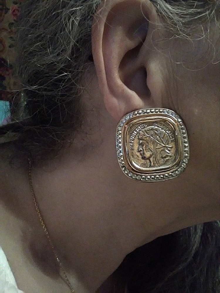 VINTAGE CLIP BUTTON EARRINGS FAUX SIVER ANTIQUE COIN W/ GOLDEN ACCENT ROUNDED SQ
