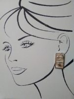 VINTAGE CLIP BUTTON EARRINGS GOLDEN FRAMED RECTANGLE OFF WHT BEIGE RECTANGLE