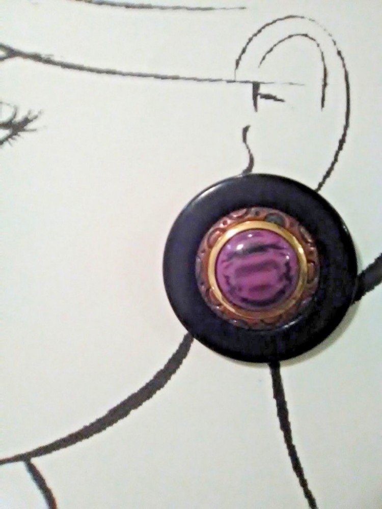 VINTAGE CLIP BUTTON EARRINGS MARBELIZED PURPLE BUTTON FRAMED IN BLACK METAL ACCEN