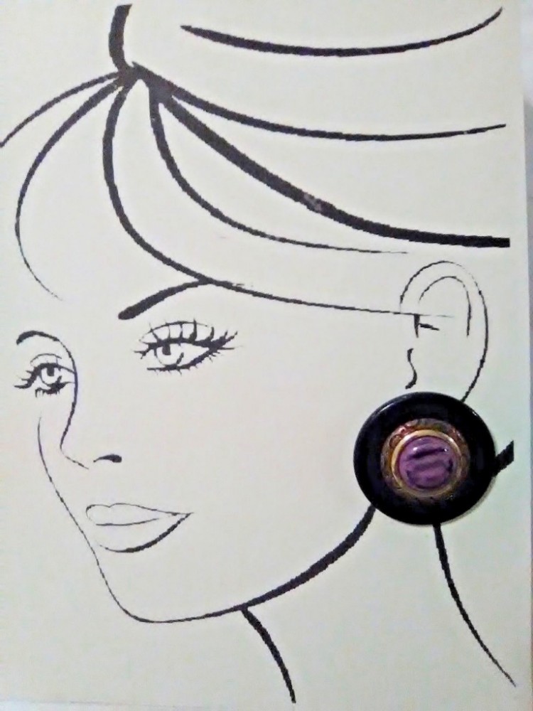 VINTAGE CLIP BUTTON EARRINGS MARBELIZED PURPLE BUTTON FRAMED IN BLACK METAL ACCEN
