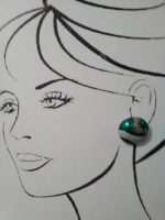 VINTAGE CLIP BUTTON EARRINGS W/ LT & DK GREEN ENAMEL AND LIGHTENING BOLT ACCENT