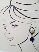 VINTAGE CLIP DANGLE EARRINGS BLUE BLK ENAMEL FAUX MABE PEARL & REVERSIBLE DROP
