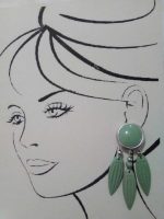 VINTAGE CLIP DANGLE EARRINGS CARVED GREEN LEAVES SILVERTONE GREEN BUTTON
