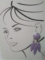 VINTAGE CLIP DANGLE EARRINGS CARVED LAVENDER LEAVES SILVERTONE LAVENDER BUTTON