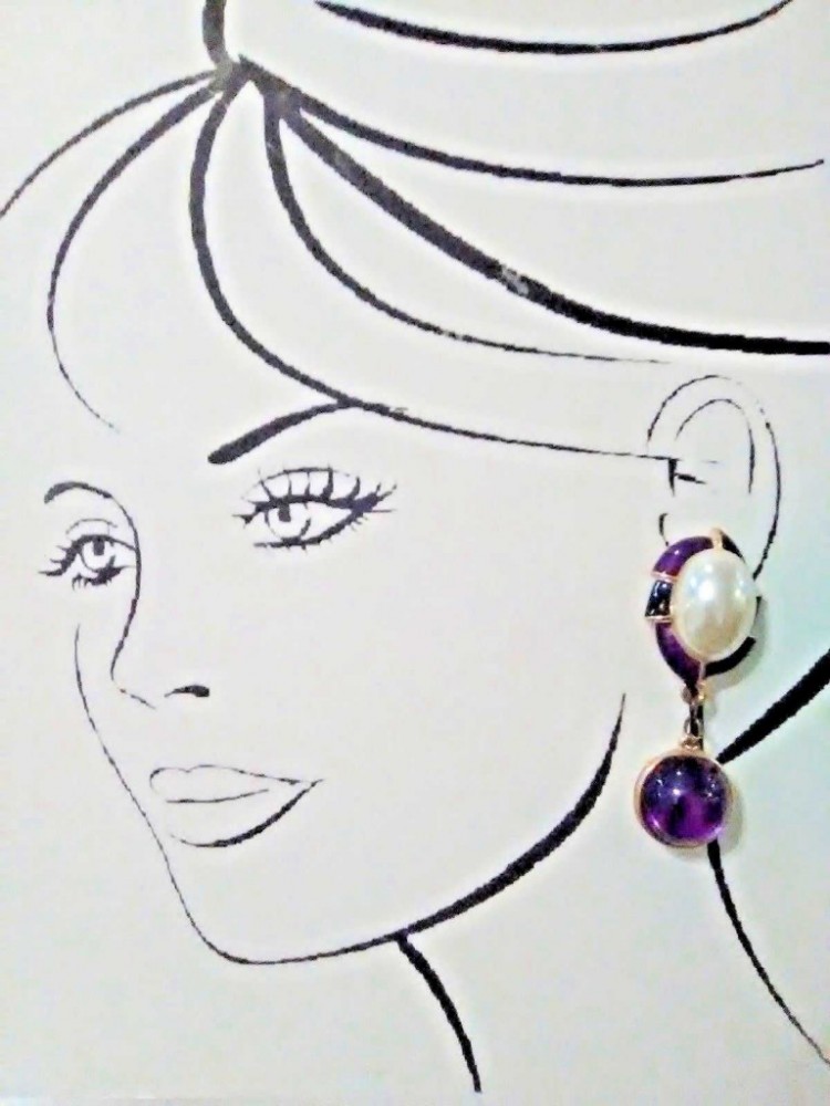 VINTAGE CLIP DANGLE EARRINGS PURPLE BLK ENAMEL FAUX MABE PEARL & REVERSIBLE DROP