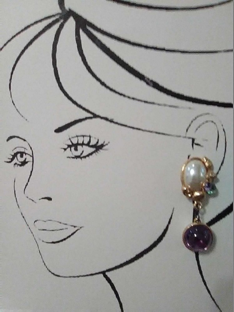 VINTAGE CLIP DANGLE EARRINGS PURPLE BLK ENAMEL FAUX MABE PEARL & REVERSIBLE DROP