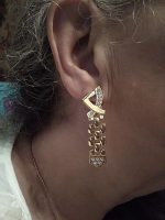VINTAGE CLIP GOLD TONE BUTTON EARRINGS  W/ PANTHER STYLE CHAIN DANGLE