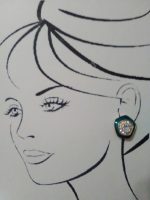 VINTAGE CLIP GOLDTONE BUTTON EARRINGS PENTAGON SHAPE W/ CRYSTAL& GREEN ENAMEL
