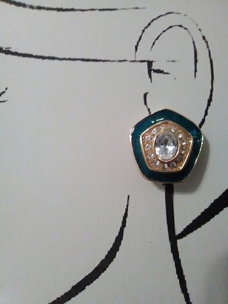 VINTAGE CLIP GOLDTONE BUTTON EARRINGS PENTAGON SHAPE W/ CRYSTAL& GREEN ENAMEL