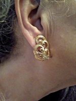 VINTAGE CLIP GOLDTONE BUTTON EARRINGS TEXTURED SWIRLS W/ RHINESTONE ACCENTS