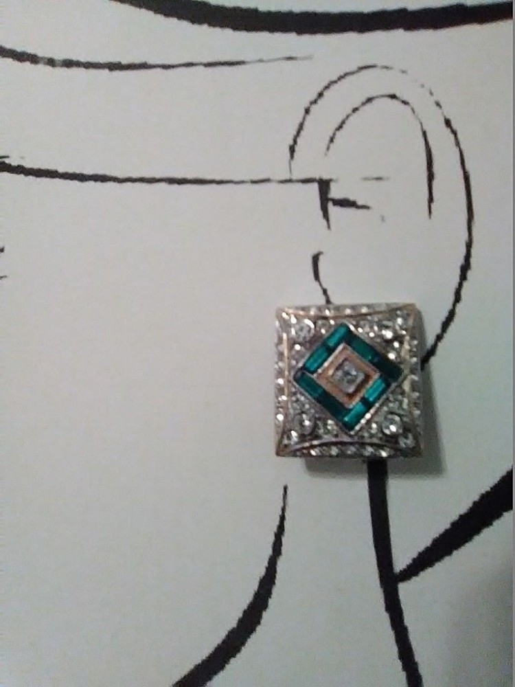 VINTAGE CLIP SILVERTONE BUTTON EARRINGS SQUARE DECO STYLE PAVE W/ FAUX EMERALDS