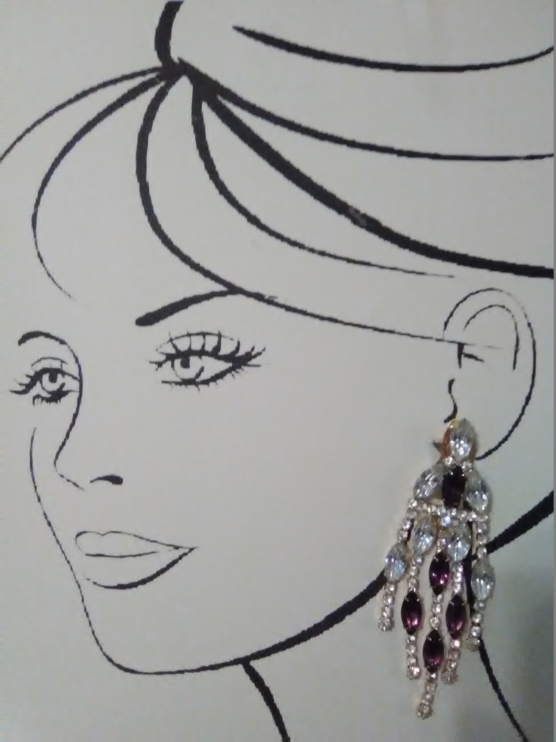 VINTAGE CLIP SILVERTONE CHANDELIER EARRINGS MARQUIS RHINESTONES AMETHYST & CLEAR