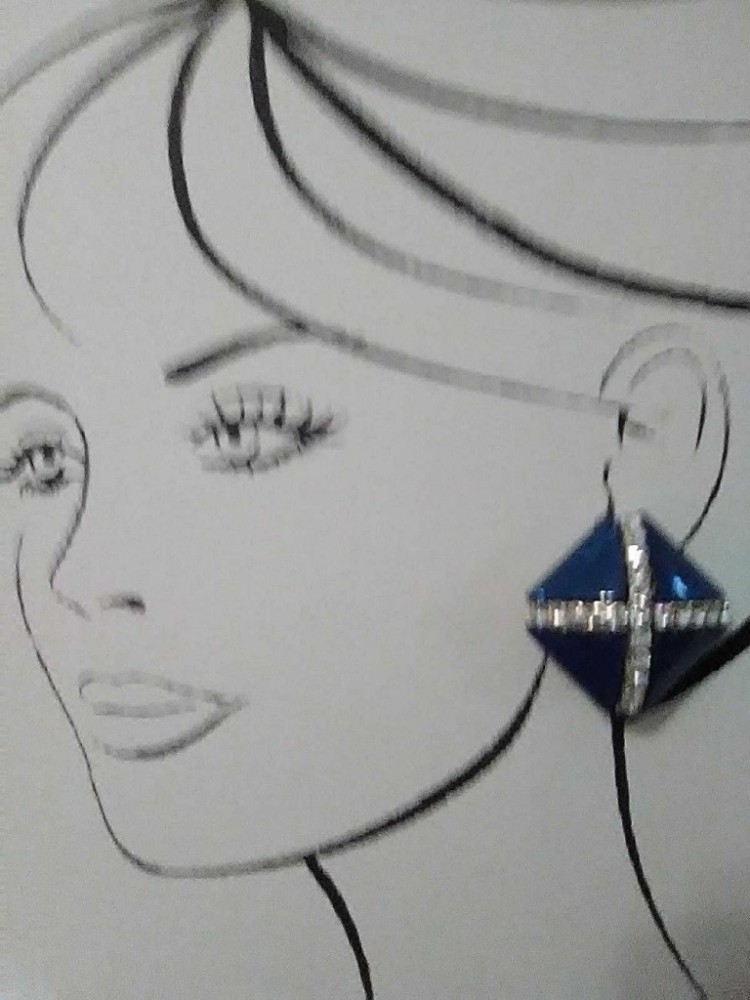 VINTAGE GOLDTONE EARRINGS BLUE DIAMOND SHAPE SPLIT INTO TRIANGLES W/ PAVE BANDS