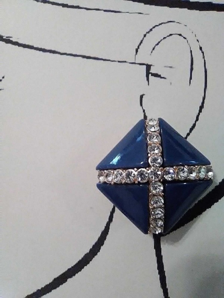 VINTAGE GOLDTONE EARRINGS BLUE DIAMOND SHAPE SPLIT INTO TRIANGLES W/ PAVE BANDS