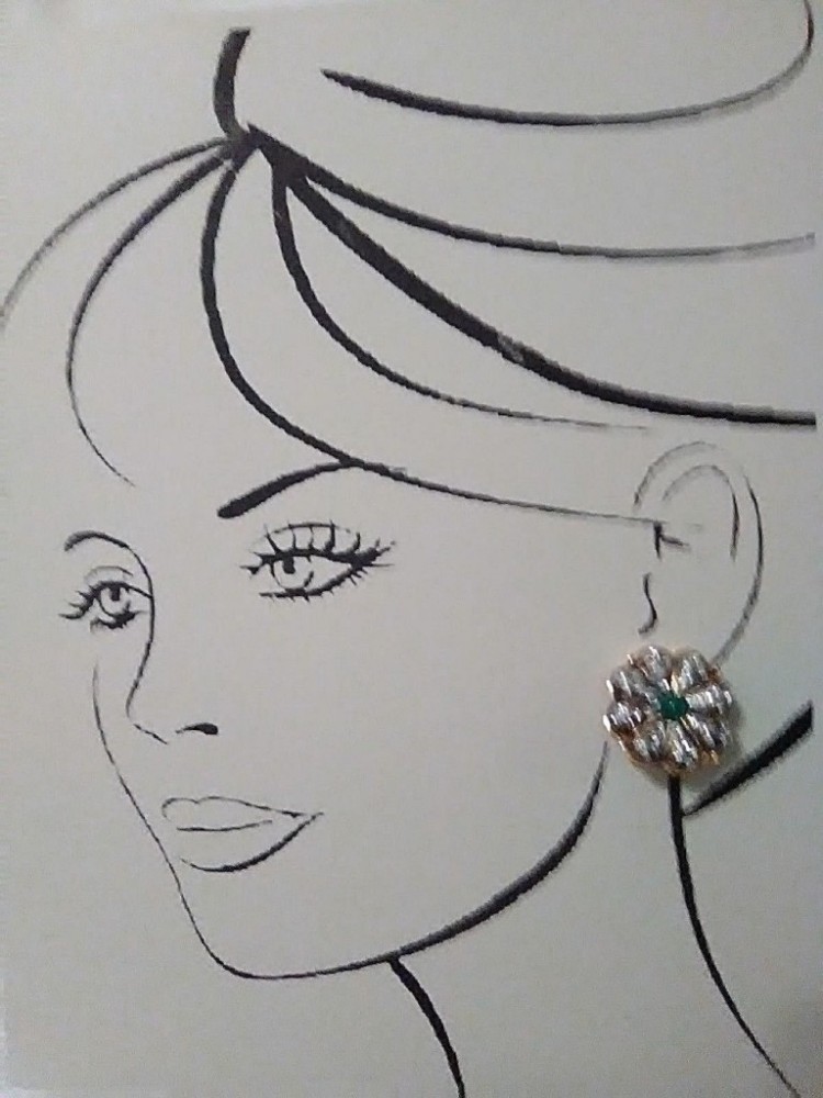 VINTAGE ITALIAN CLIP GOLDTONE BUTTON EARRINGS PAVE FLOWER W/ FAUX EMERALD CENTER