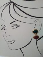 VINTAGE ITALIAN CLIP GOLDTONE DOOR KNOCKER EARRINGS FAUX CABOCHON JADE & JASPER
