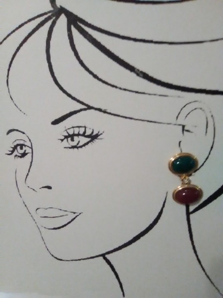 VINTAGE ITALIAN CLIP GOLDTONE DOOR KNOCKER EARRINGS FAUX CABOCHON JADE & JASPER