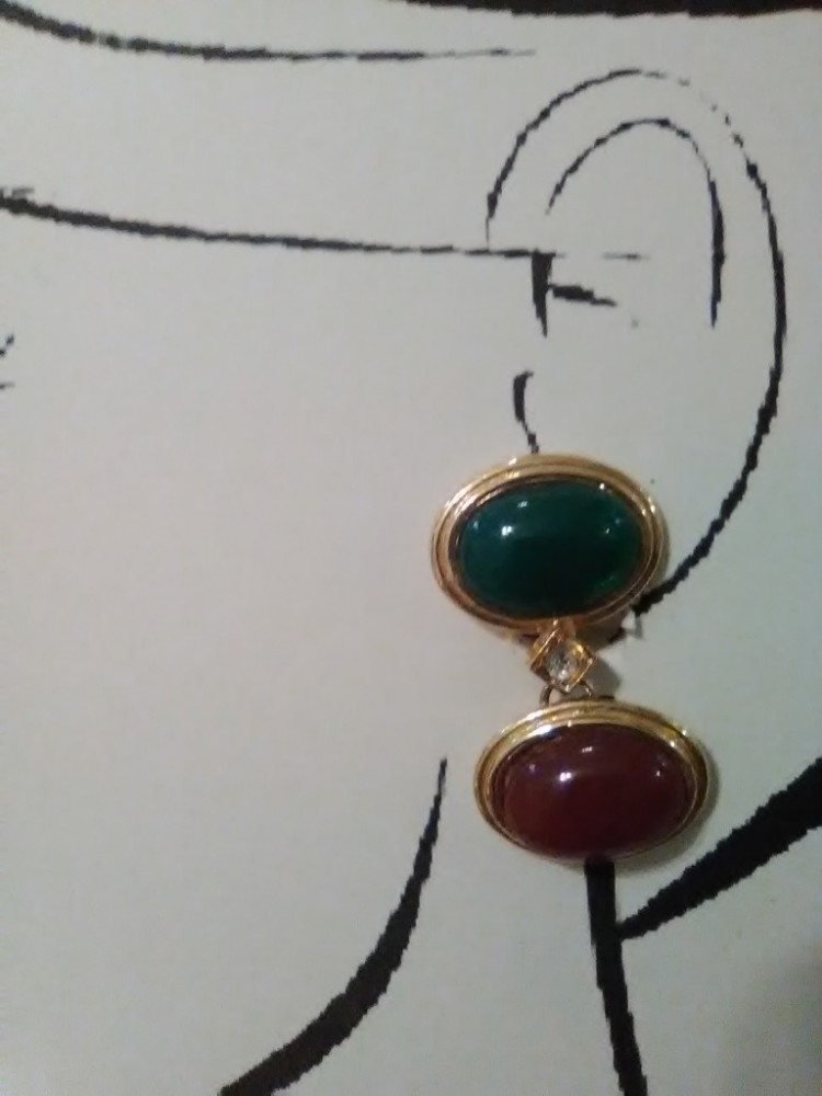 VINTAGE ITALIAN CLIP GOLDTONE DOOR KNOCKER EARRINGS FAUX CABOCHON JADE & JASPER