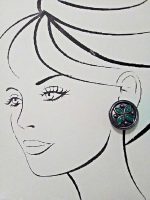 VINTAGE PEWTER LOOK CLIP BUTTON EARRINGS W/ GREEN FAUX GEM CABOCHON ACCENTS