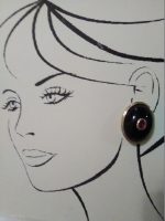 VINTAGE FASHION CLIP EARRINGS BLACK OVAL CABOCHON W/ RED GEM IN GOLDEN FRAME