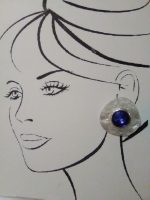 VINTAGE FASHION CLIP EARRINGS BLUE FACETTED  GEM W/ PEARLY SURROUND