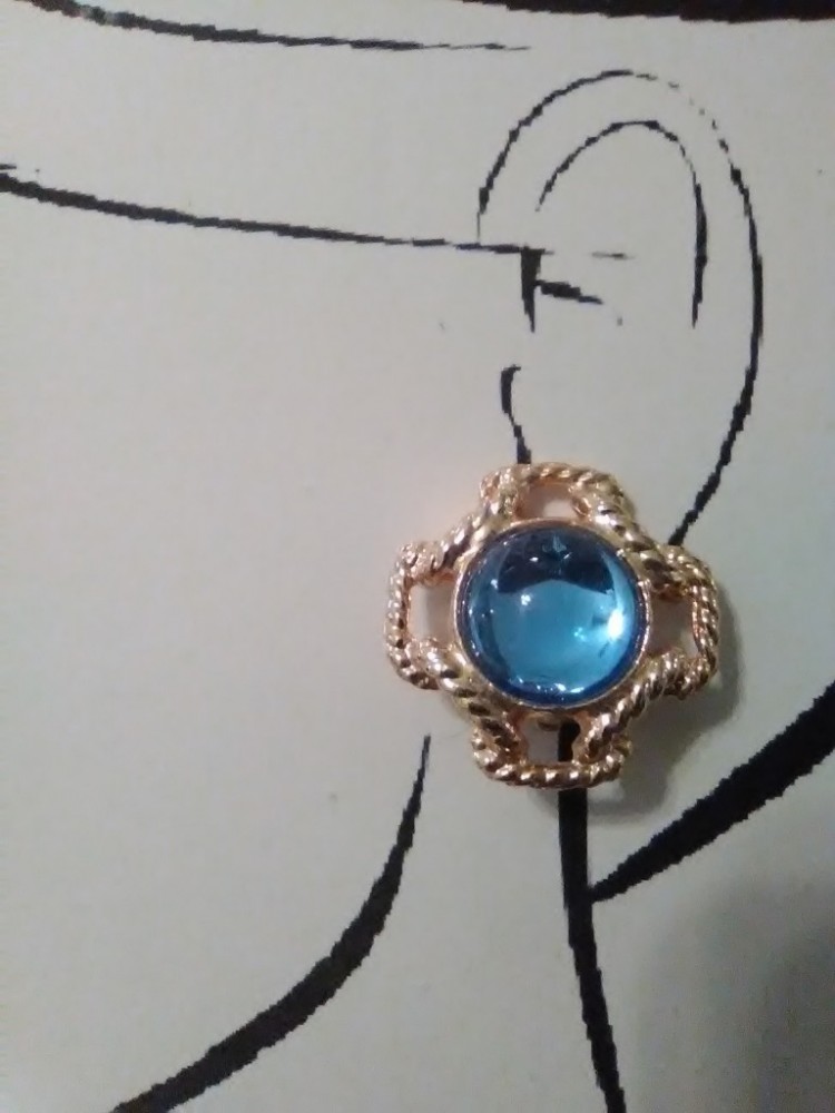 VINTAGE FASHION CLIP EARRINGS GOLD TONE CHAIN FRAMED LT BLUE CABOCHON GEMS