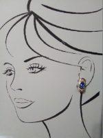 VINTAGE FASHION CLIP EARRINGS GOLDEN CONTOURED RHINESTONE PAVE W/ BLUE GEM
