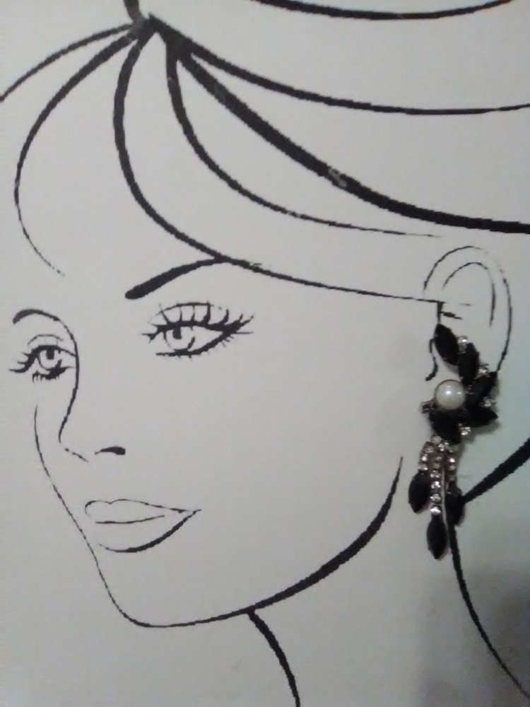 VINTAGE FASHION CLIP EARRINGS BLACK MARQUIS GEMS, PEARL & RHINESTONE CHANDELIERS
