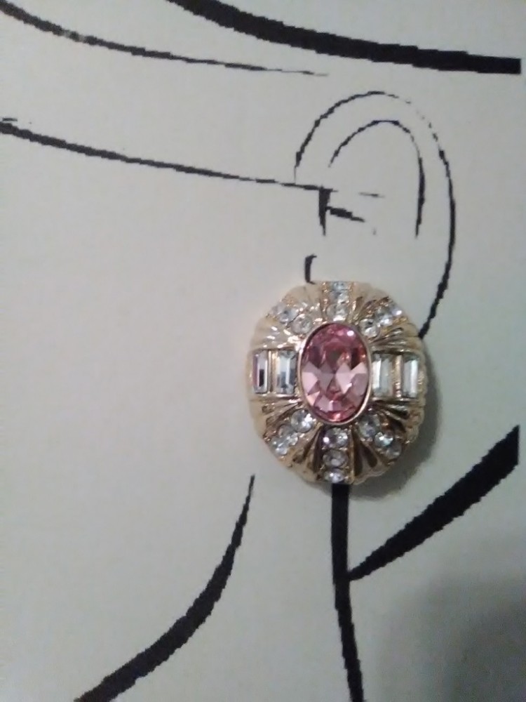 VINTAGE FASHION CLIP EARRINGS GOLD TONE PINK OVAL GEM PAVE RADIATING SURROUND