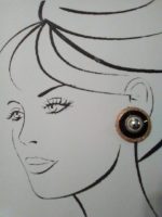 VINTAGE FASHION CLIP EARRINGS GOLDEN BUTTON BLACK ENAMEL CHAIN ACCENT
