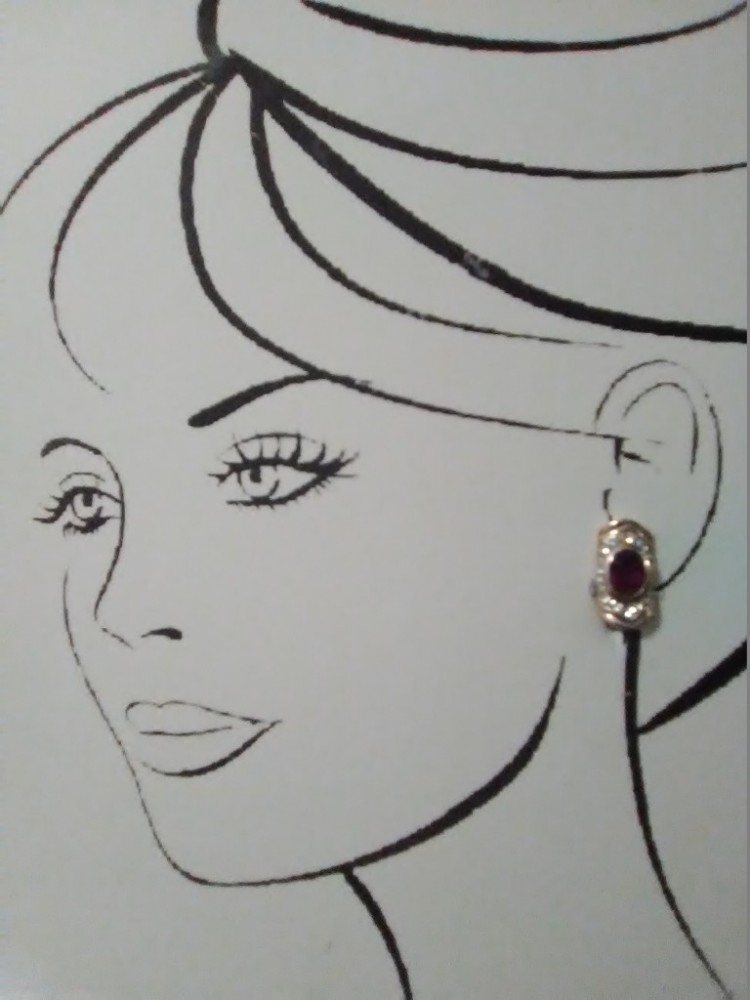 VINTAGE FASHION CLIP EARRINGS GOLDEN CURVED BAR PAVE W/ RED FAUX RUBY