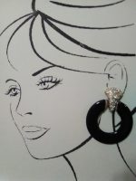 VINTAGE FASHION CLIP EARRINGS GOLDEN PAVE BUTTONS LARGE BLACK HOOP DOORKNOCKERS