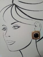 VINTAGE FASHION CLIP EARRINGS GOLDEN PAVE ROUNDED SQUARES MABE PEARL BLK ENAMEL