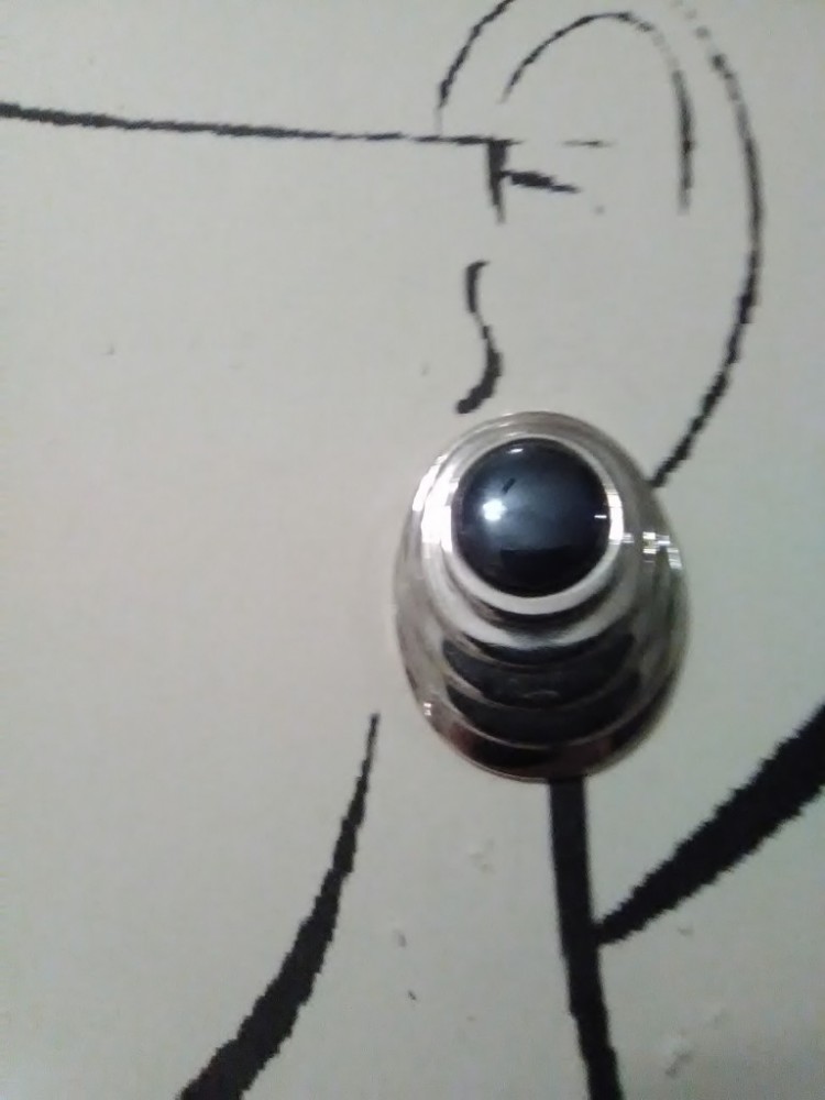 VINTAGE FASHION CLIP EARRINGS SILVERY CONCENTRIC OVALS W/ HEMATITE CABOCHON