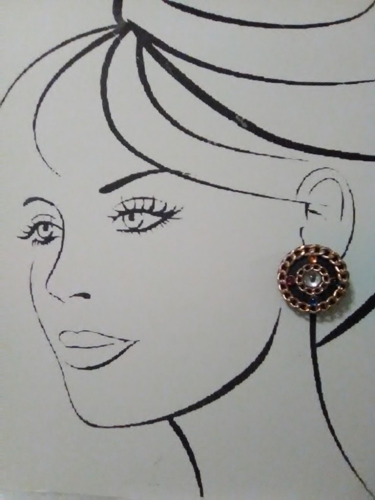 VINTAGE FASHION CLIP ON BUTTON EARRINGS BLACK GOLDEN CHAIN MULTI GEM ACCENTS