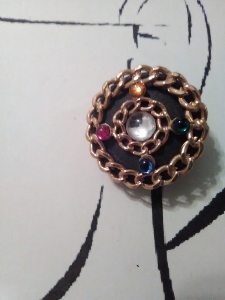 VINTAGE FASHION CLIP ON BUTTON EARRINGS BLACK GOLDEN CHAIN MULTI GEM ACCENTS