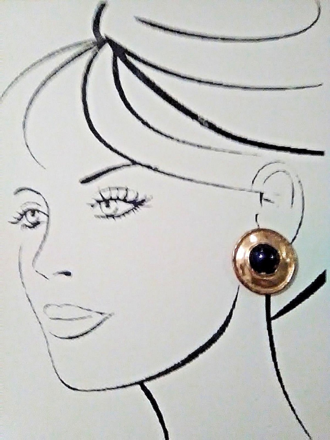 VINTAGE-GOLDEN-CHOKER-NECKLACE-HAMMERED-DISCS-W-BLACK-CABOCHON-GEM-EARRINGS-5