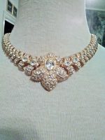 VINTAGE-NECKLACE-SET-DAZZLING-GOLDEN-PAVE-CHOKER-FLOWER-CENTER-EARRINGS-2